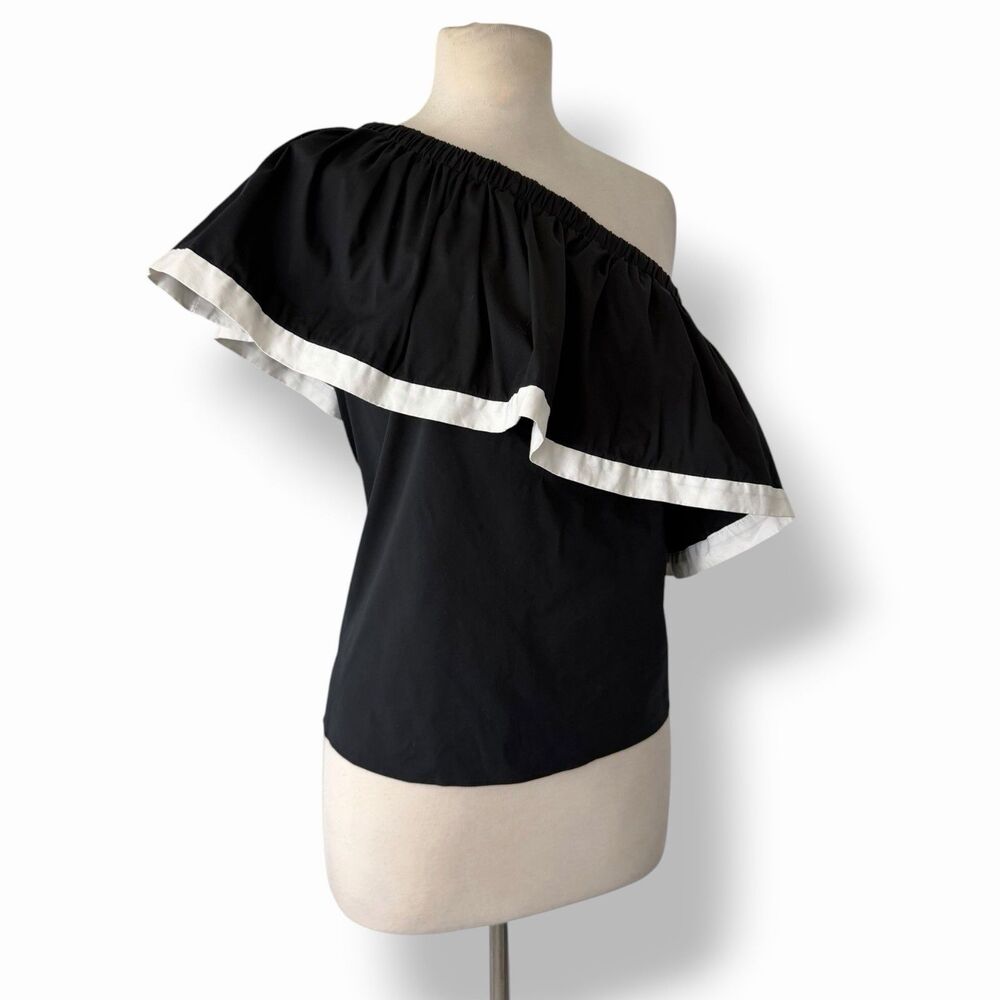 Milly BlackAsymmetrical One Shoulder Ruffle Statement Blouse Colorblock Trim Top